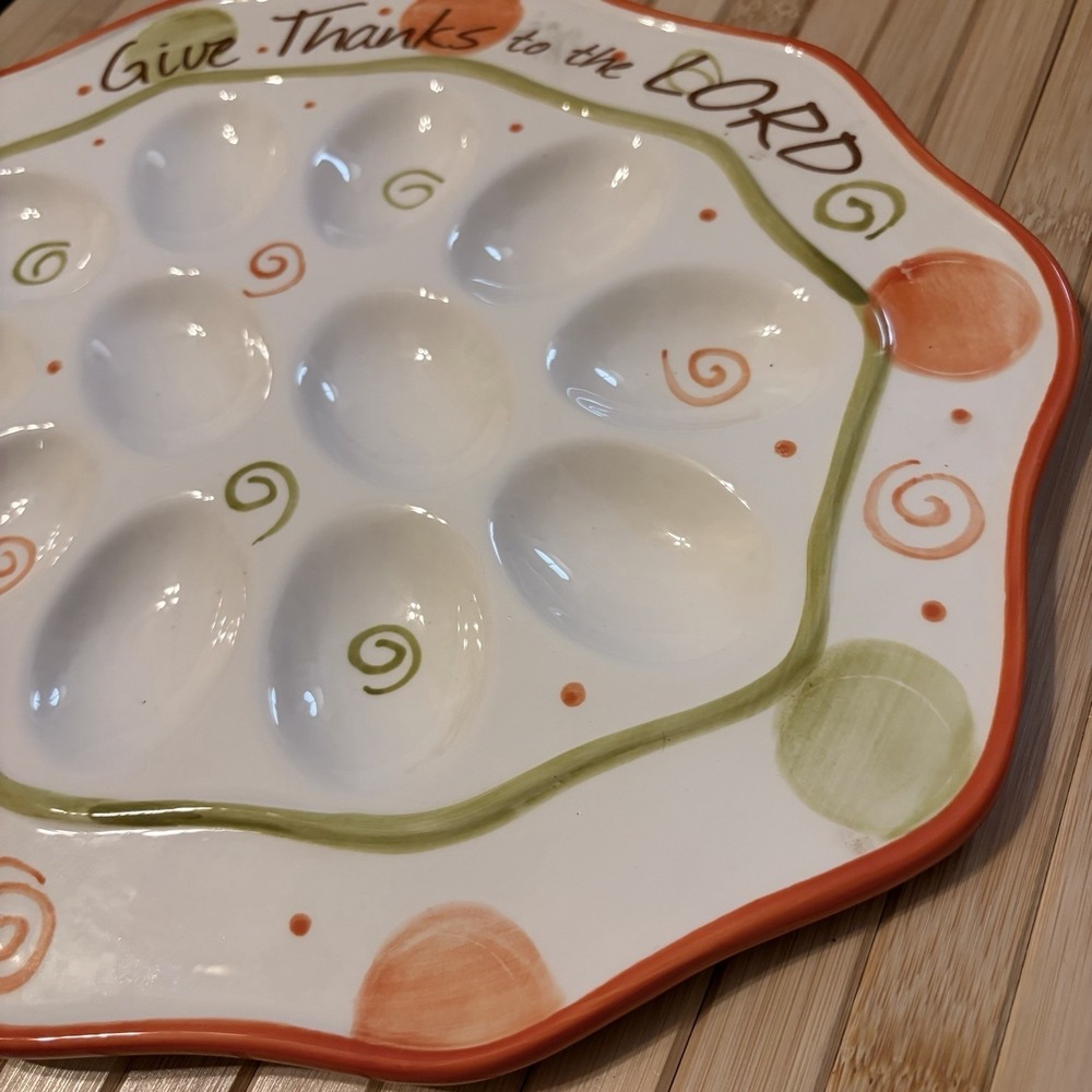 Deviled Egg Plate Thanksgiving Ceramic Scalloped Serving Dish Give Thanks - Picture 7 of 8